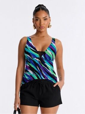 Swimwear For Me Plus Size 22W Tankini Swim Top Blue Purple Green‎ Print
